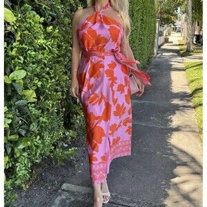 Antonio Melani Clio Wrap Midi Skirt & Tara Halter Top SET Blooming Mandarin Sz 4